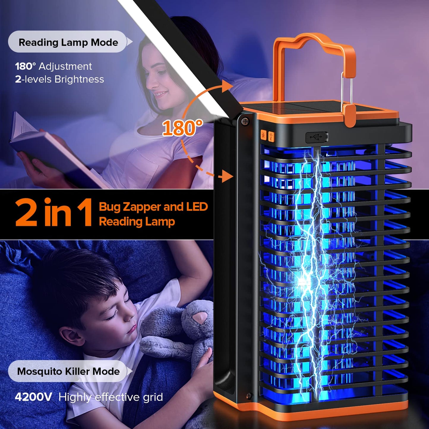Bug Zapper Indoor Outdoor, Mosquito Trap Cordless & Rechargeable, Mosquito Zapper Solar Powered, 4200V Killer with Reading Lamp Equipped 4000mAh Battery for Home