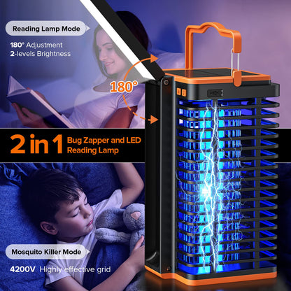 Bug Zapper Indoor Outdoor, Mosquito Trap Cordless & Rechargeable, Mosquito Zapper Solar Powered, 4200V Killer with Reading Lamp Equipped 4000mAh Battery for Home