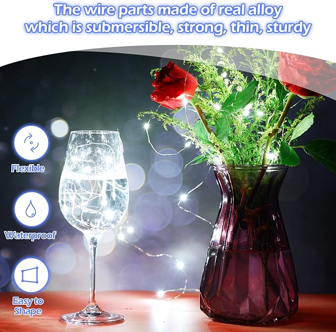 Hortsun 100 Packs Fairy Lights Battery Operated 3 Speed Modes, 7 Ft/ 2 M 20 LED Battery String Mini Waterproof Wire Twinkle Lights Bulk for Wedding Party Birthday Vases (Cool White)