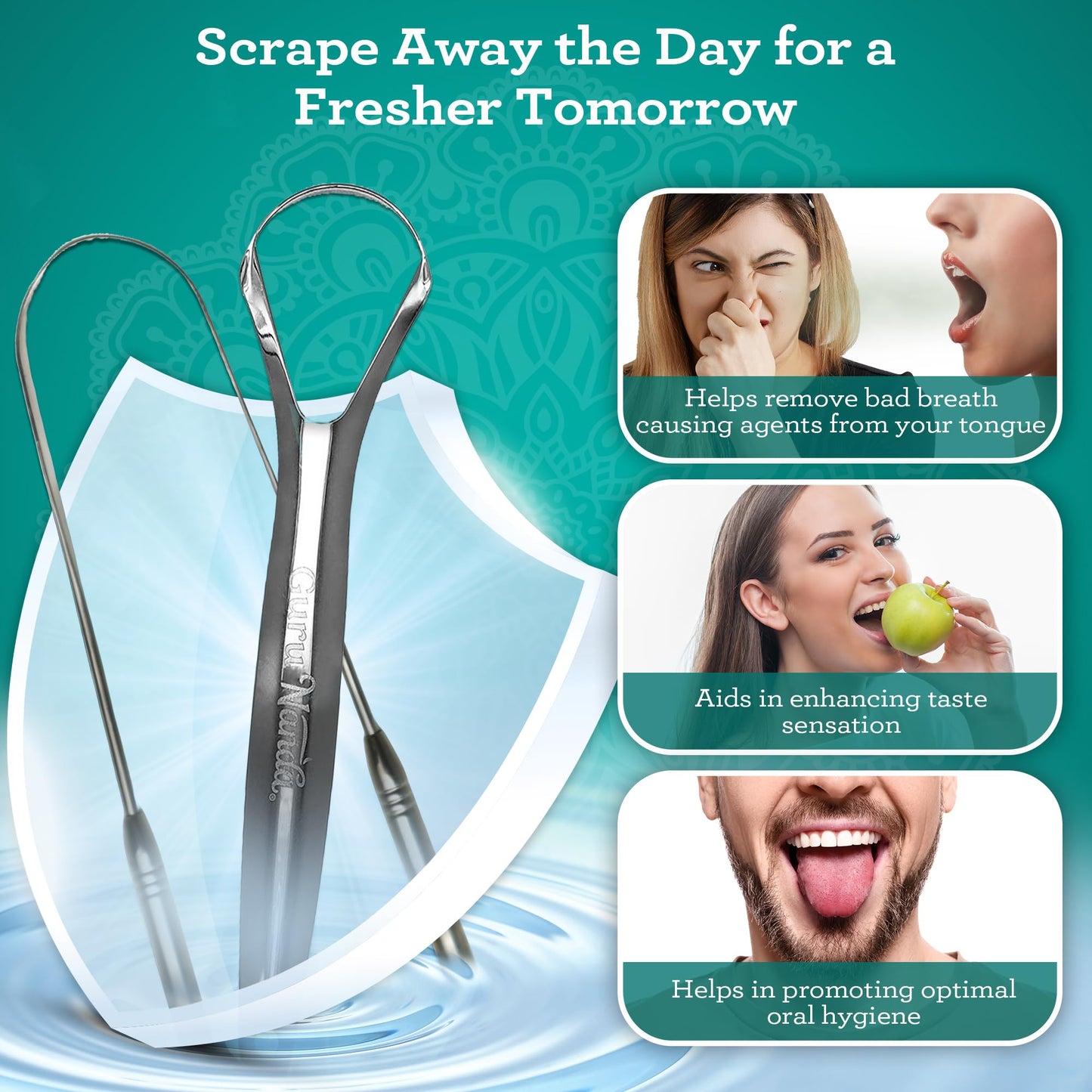 GuruNanda Tongue Scraper for Adults (2 Pack) with Travel Case, 420 Medical-Grade 100% Stainless Steel Tongue Cleaner, Aids in Fresh Breath & Oral Care