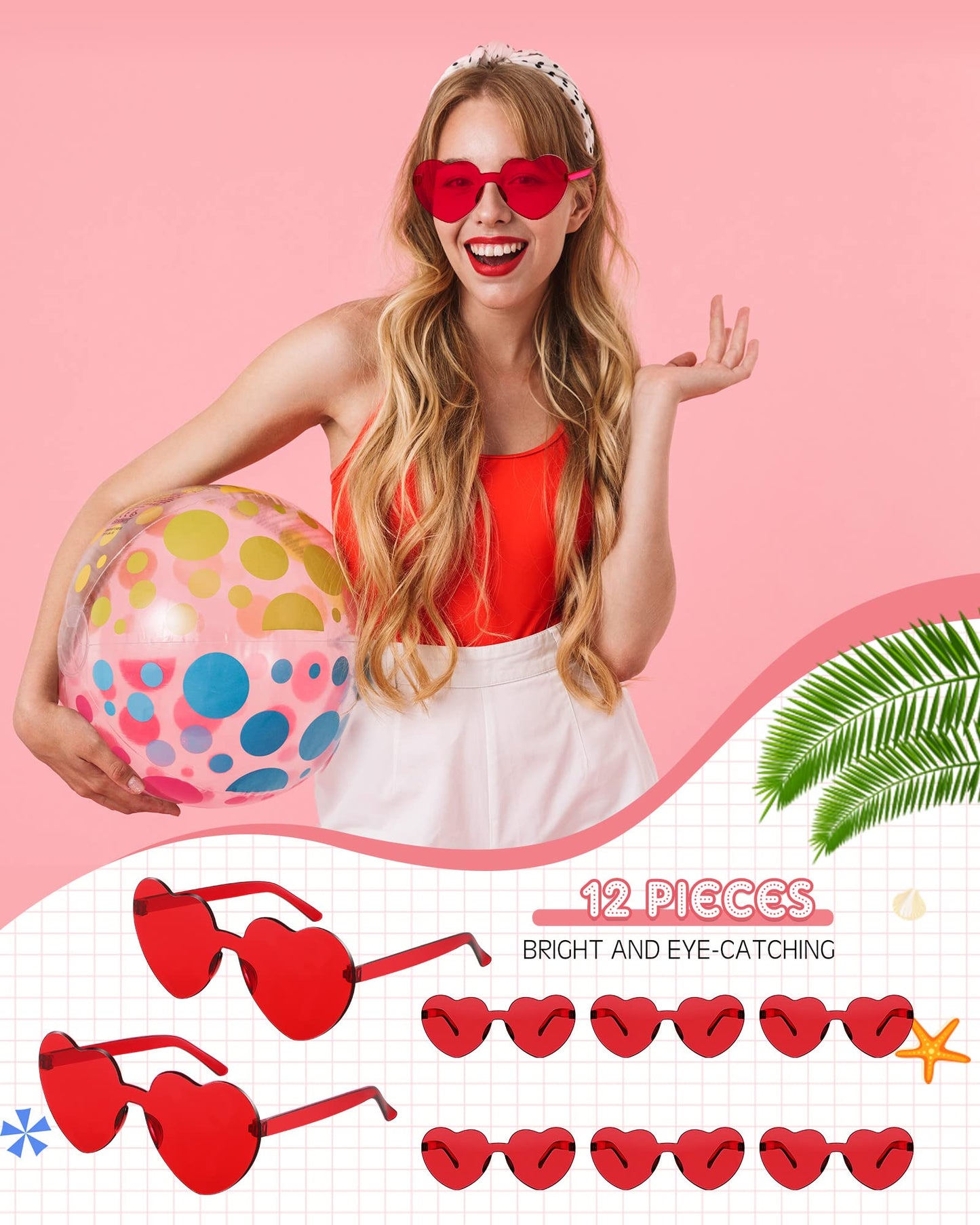 Photect 12 Pair Heart Shaped Sunglasses for Women Neon Color Transparent Heart Glasses Halloween Party Favor(Red)
