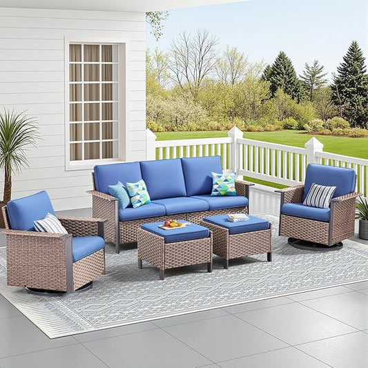 Outdoor Patio Furniture Set-5 Pieces All-Weather Wicker Patio Furniture with Outdoor Swivel Rocking Chairs Set of 2,Outdoor Patio Conversation Sets for Garden Porch Deck Brown/Blue