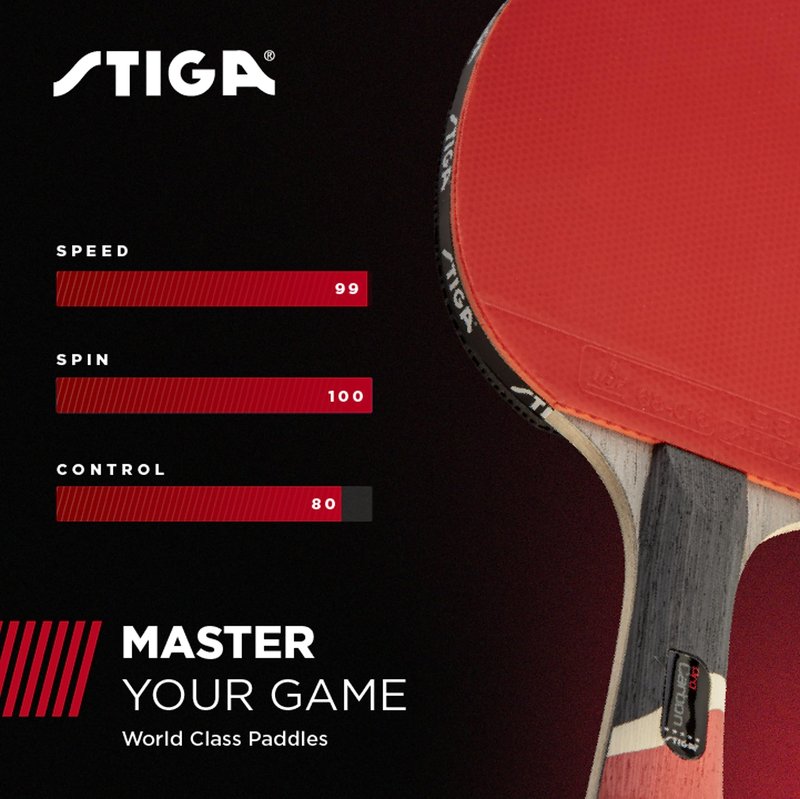STIGA Pro Carbon Performance-Level Ping Pong Paddle with Carbon Fiber Blade and Extreme Spin for Tournament Play - Red and Blue Colors