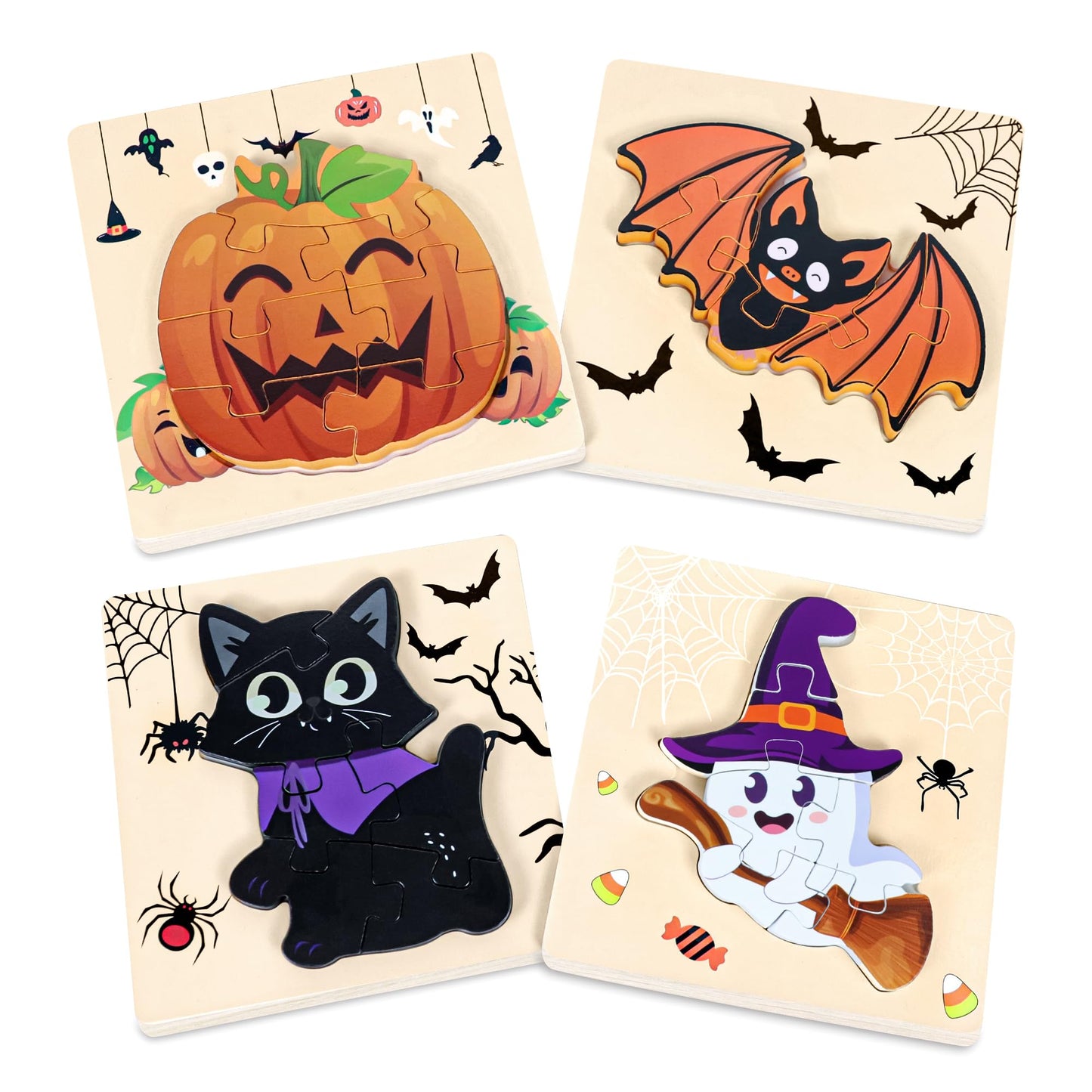 Malhaii 4Pack Halloween Wooden Puzzles for Toddlers - Educational Learning Toys, Jigsaw Puzzle for Party Favors, Supplies, Kids, Boys, Girls - Treat Goodie Bags Fillers Gifts
