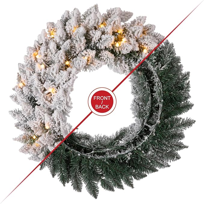 Glitzhome 24" D Pre-Lit Snow Flocked Christmas Wreath with Warm White LED Lights and Timer Artificial Decoration Wreath for Front Door Wall Window Indoor Outdoor Christmas Decorations