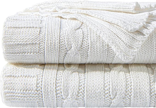 NTBAY 100% Pure Cotton Cable Knit Throw Blanket, Super Soft Warm 51x67 Knitted Throw Blanket for Couch, Sofa, Chair, Bed - Extra Cozy, Machine Washable, Comfortable Home Decor, White