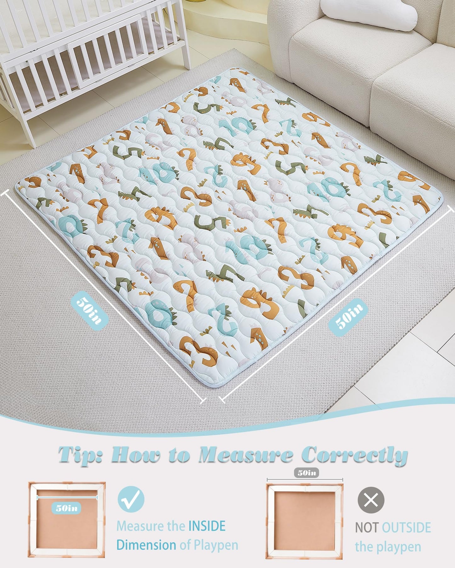 Viviland Baby Mats for Floor, 50x50 Inch Playpen Mat, Thick Playmat for Baby and Toddlers Infants, Non-Slip & Machine Washable, Blue Numbers