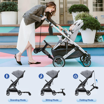BugyKido Universal Buggy Board with Seat, Kiddy Board with Pram Organiser Bag, Pram Standing Board Compatible with Over 99% of Pushchairs, for Children from 2-6 Years, Load 25 KG(Black)