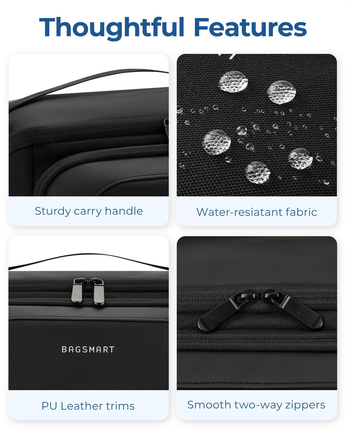 BAGSMART Toiletry Bag for Men, Wide Opening Travel Bag for Toiletries, Dopp Kit Water Resistant Shaving Hygiene Bag for Bathroom Shower, Toiletries Accessories,Travel Essentials-Black