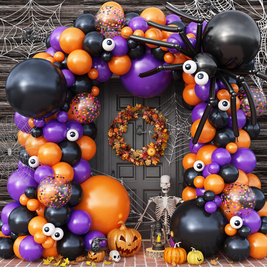 Adeyoo Halloween Balloon Garland Arch Kit - 150Pcs Black Orange Purple Balloons with Eyeball, Confetti Balloons Scary Halloween Party Balloons for Birthday Party Decorations, Indoor/Outdoor