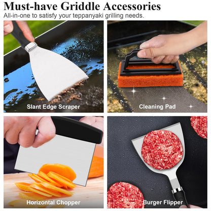 Grilliance 27pcs Griddle Accessories Kit for Blackstone, Professional Hibachi Flat Top Grill Tools, Enlarged Spatula Gift Set with Basting Cover，Burger Press Patty Maker for Outdoor BBQ Teppanyaki