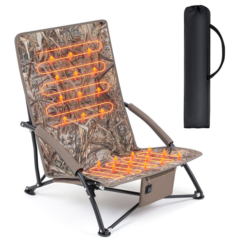 Teenyyou 1 Pack Heated Hunting Chair, Portable Low Down Hunting Seat Pad Cushion with Carry Bag, Adjustable 3 Mode Folding Chair for Turkey Blind Deer Ground Duck Fishing, No Power Bank (Brown)