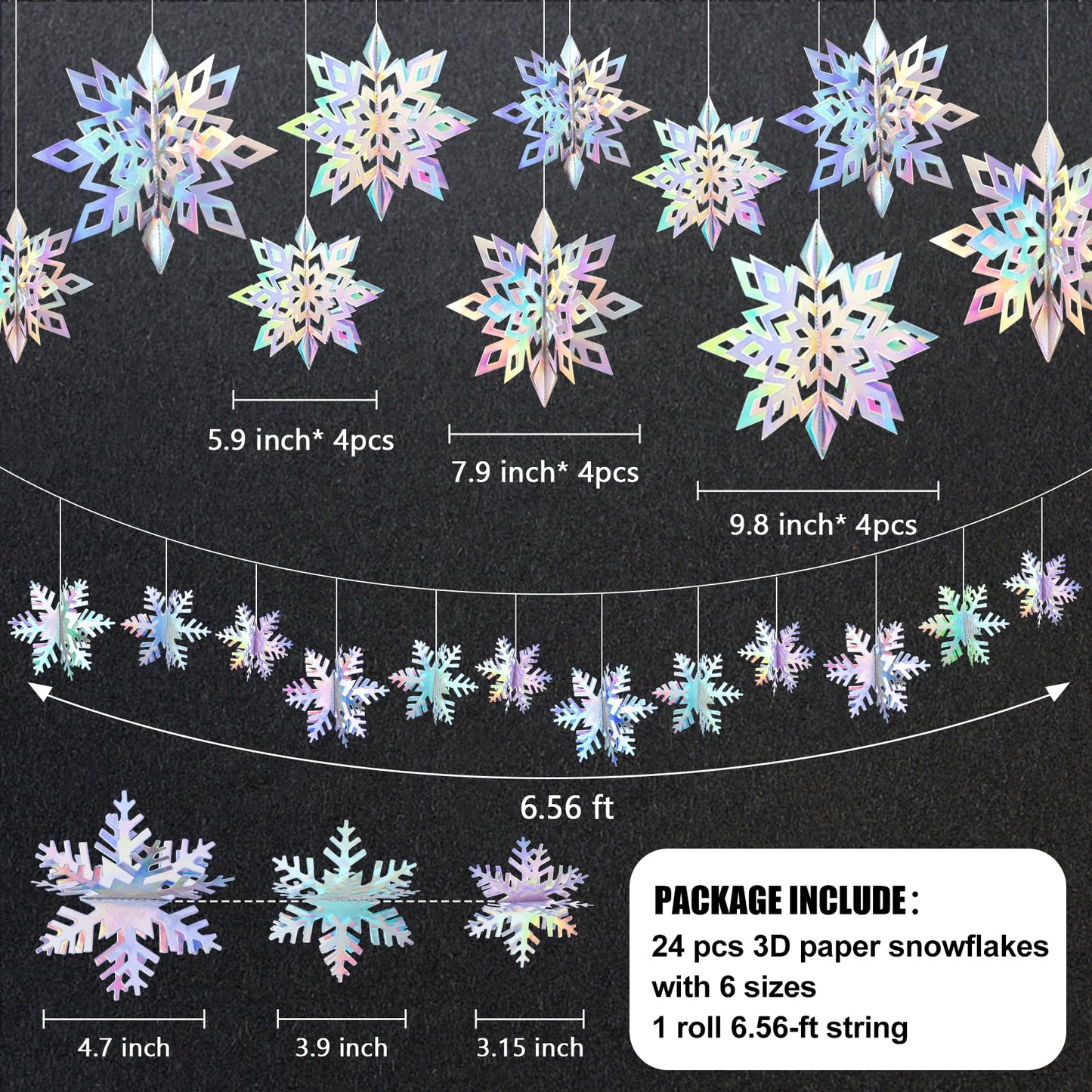 24PCS Snowflake Christmas Decorations, 3D Large Iridescent Paper Snowflakes Garland Hanging Snow Flakes for Winter Wonderland Christmas Party Decorations Holiday New Year Home Decor, Holographic