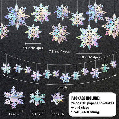 24PCS Snowflake Christmas Decorations, 3D Large Iridescent Paper Snowflakes Garland Hanging Snow Flakes for Winter Wonderland Christmas Party Decorations Holiday New Year Home Decor, Holographic
