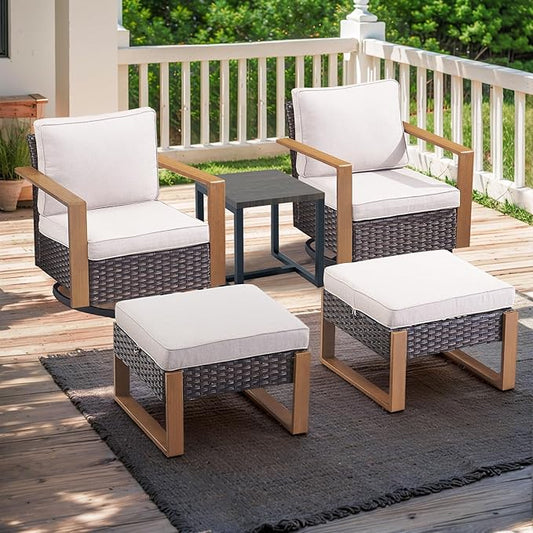 Rilyson Outdoor Wicker Patio Furniture Set - 5 Piece Patio Conversation Set with 2 Wicker Swivel Rocker Chairs,2 Ottoman, 1 Side Table, Thick Cushions, Deep Seating, Wide Armrest(Brown/Beige)