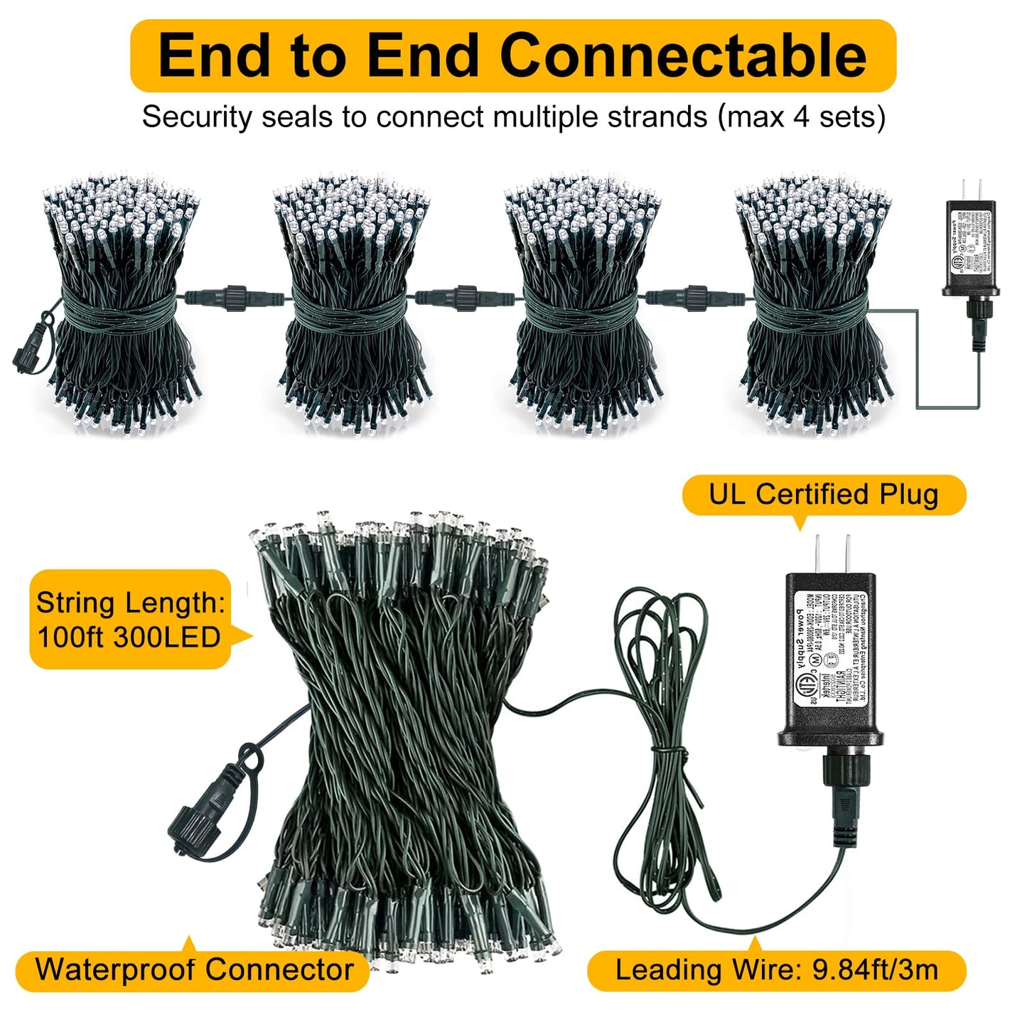 Nielfoi 100FT 300 LED Christmas Lights Outdoor, Warm White Christmas Tree Lights with 8 Modes Waterproof, Connectable Green Wire String Lights Indoor for Patio Garden Xmas Party Decorations