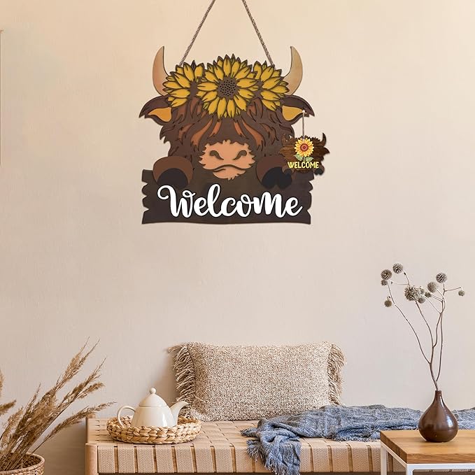 Highland Cow Front Door Decorations - Interchangeable Welcome Sign for Front Door with 15 Set Changeable Icons for Seasons Holiday Thanksgiving Christmas Door Decor