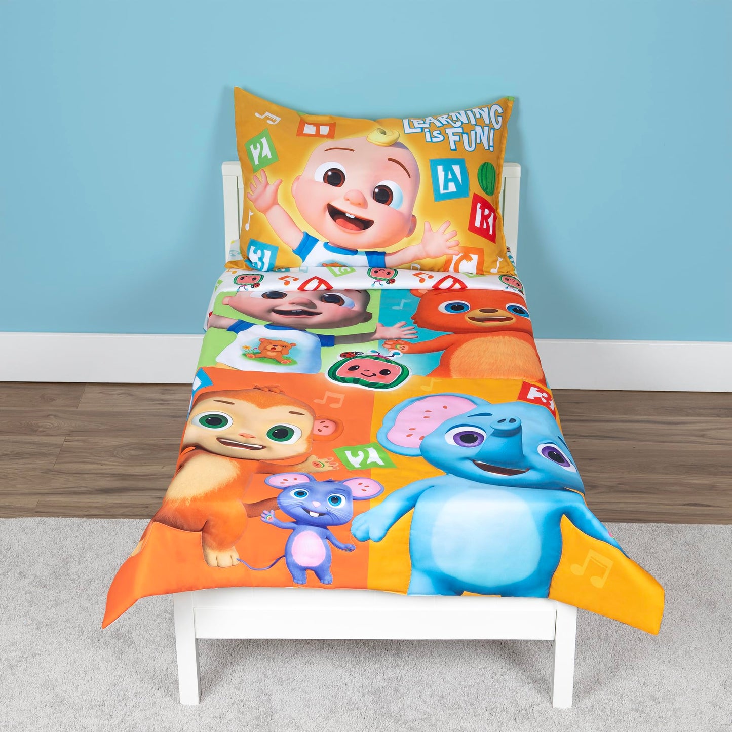 CoComelon Learning is Fun 4 Piece Toddler Bedding Set – Includes Comforter, Sheet Set – Fitted + Top Sheet + Reversible Pillowcase for Boys and Girls Bed, Letters and Music Design, Orange