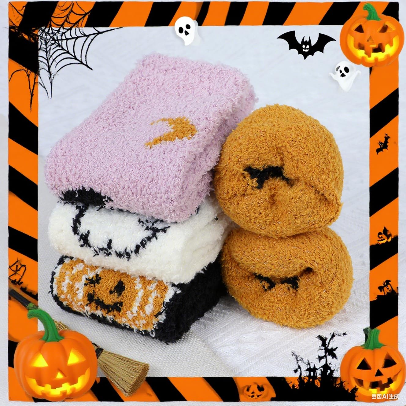 Zando Women's Fuzzy Halloween Socks, Non Slip Slipper Ghost Print, Cozy Fluffy Warm Fall Sleep Socks D Ghost print One Size