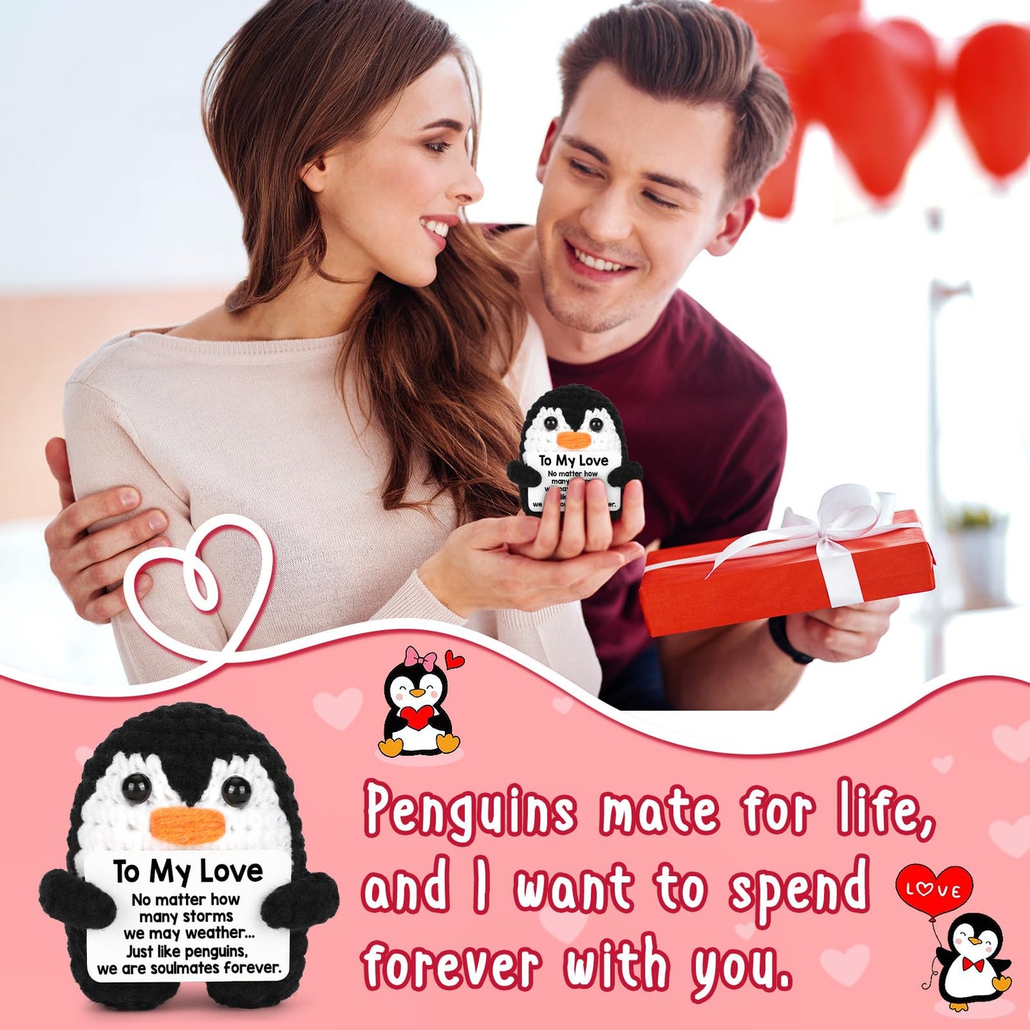 Positive Crochet Penguin, Mini Funny Brithday Galentines Valentines Gifts for Women Men Teens Boys Girls, Inspirational Appreciation Gifts for Coworker Friend Sister Her Him, Emotional Positive Decor