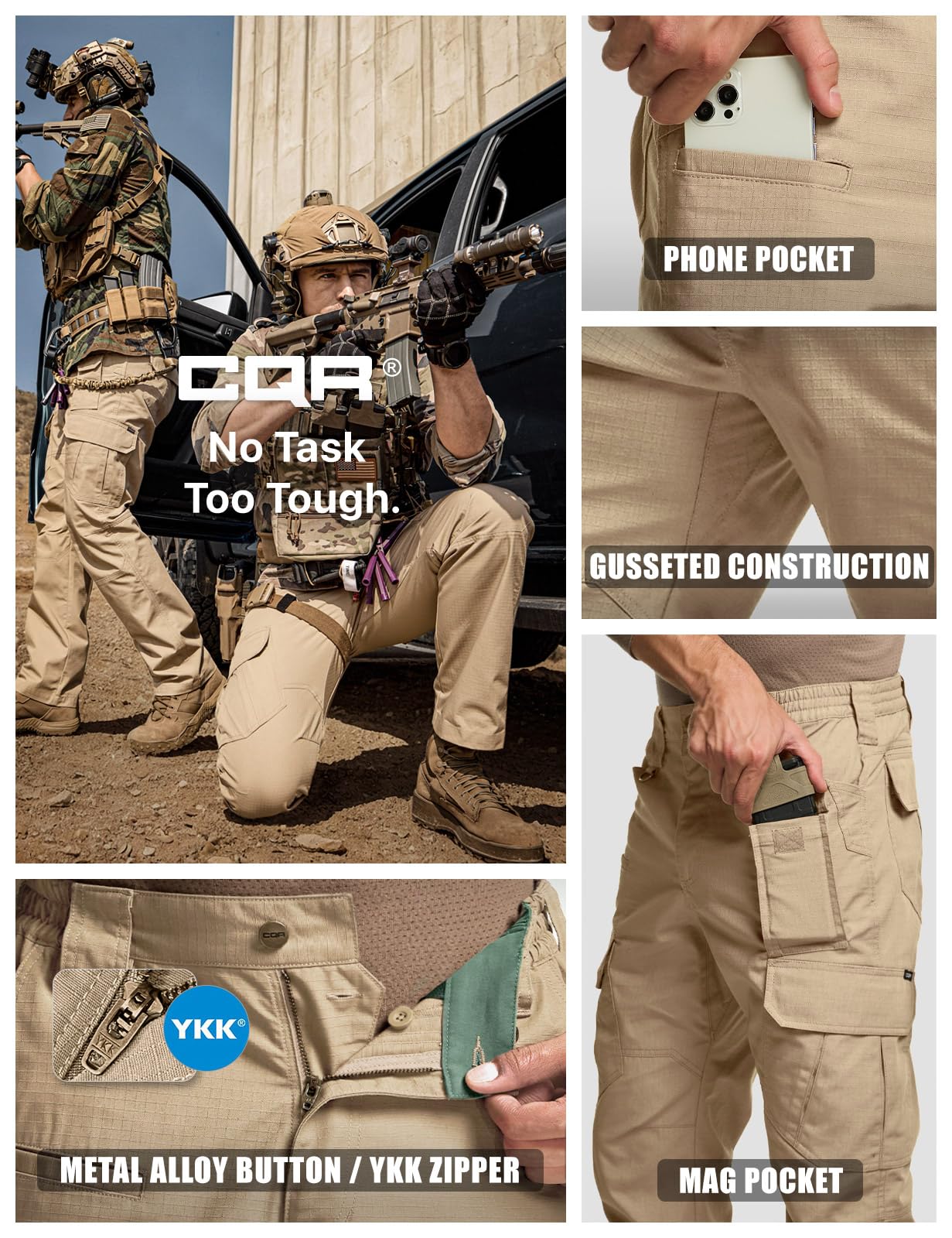 CQR Men's Tactical Pants, Water Resistant Ripstop Cargo Pants, Lightweight EDC Work Hiking Pants, Outdoor Apparel, Duratex Mag Pocket Khaki, 32W x 32L