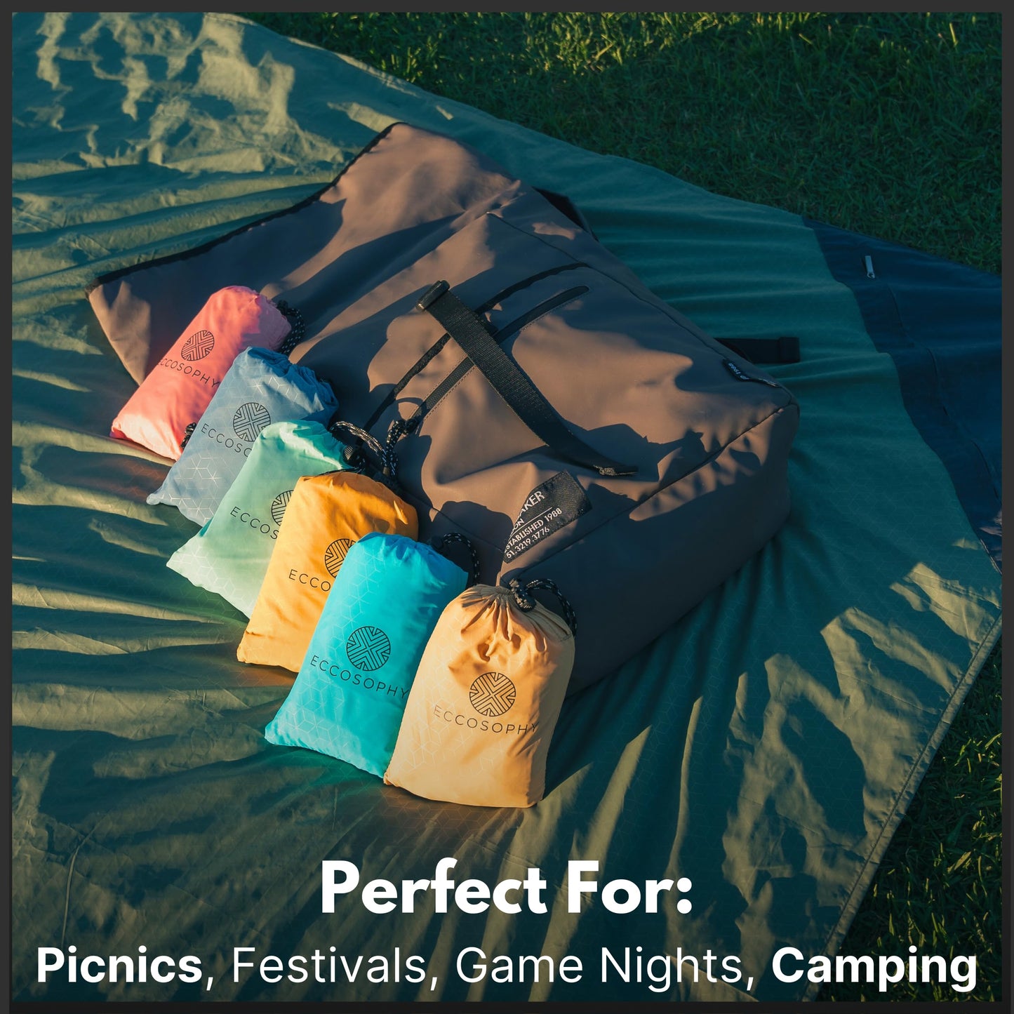 ECCOSOPHY Sand Proof Beach Blanket - Waterproof Picnic Blanket 60x55-Outdoor Compact Pocket Blanket-Lightweight Ground Cover for Hiking, Camping, Festivals, Sports, Travel-with Bag & Stakes (Olive)