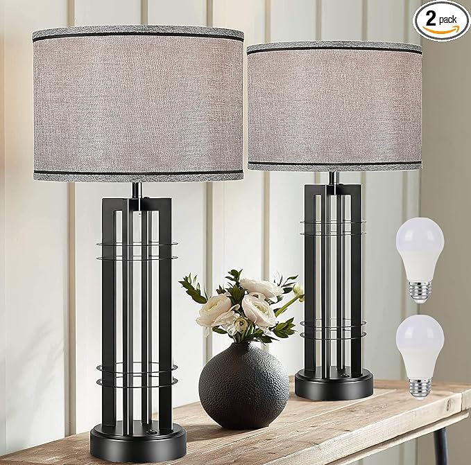27in Tall Table Lamps for Living Room Button Control Farmhouse Rustic Table Lamps Set of 2 SideTable Lamps Black&Grey Bedroom Lamps for Bedside Nightstand End Table 2025 New