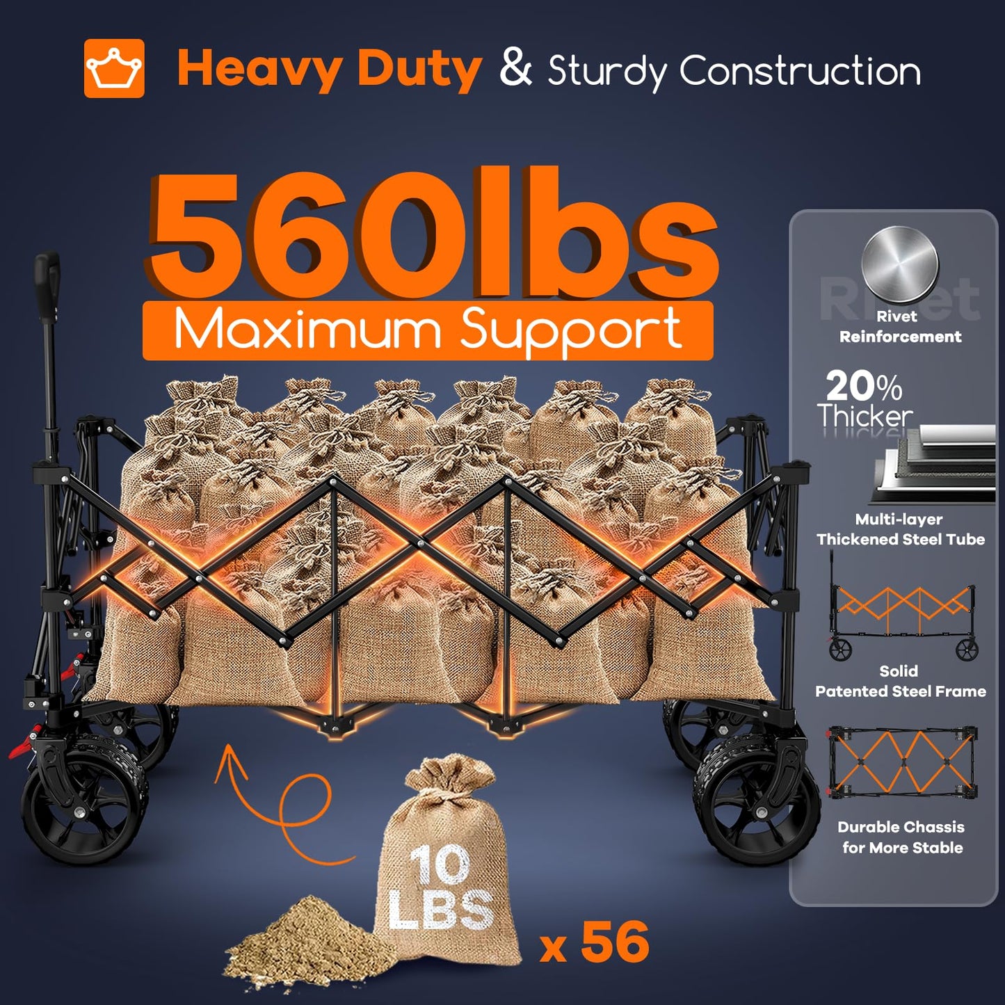 48" L Collapsible Wagon Cart Foldable, 560lbs Weight Capacity 300L Heavy Duty Folding Beach Wagons with Big All-Terrain Wheels, Utility Carts for Groceries, Shopping, Camping, Sports - Black