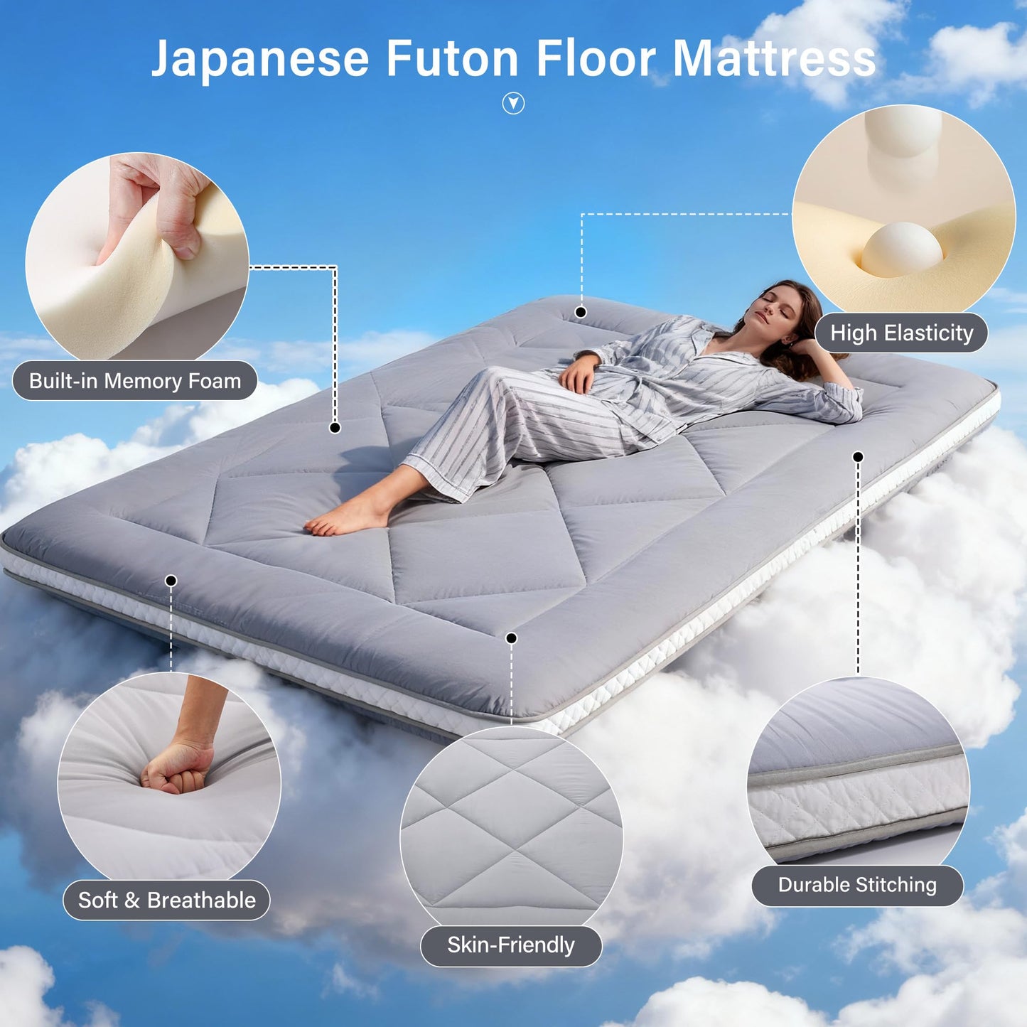 Welnow Japanese Futon Floor Mattress, Thick Queen Size Tatami Mat Portable & Foldable Roll Up Floor Bed Mattress with Storage Bag, Sleeping Pad for Adults, Dorm, Guest Bed, Camping and Travel, Grey