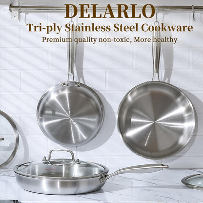 DELARLO Tri-Ply Stainless Steel Pan, 12 inch Frying Pan with Lid, Compatible with All Cooktops Up to 600℉, Fast & Even Heat, Skillet, Induction Cookware, Cooking Pan, Stir Fry Pan, Dishwasher Safe