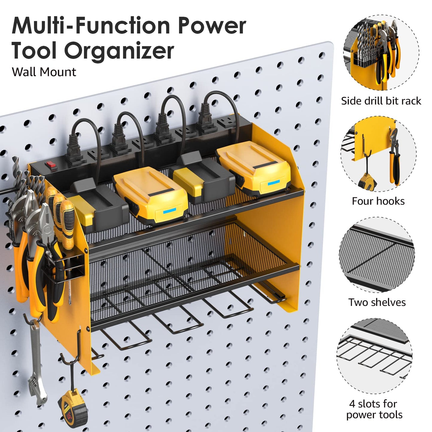 CCCEI Modular Power Tool Organizer Wall Mount with Charging Station. Garage 4 Drill Storage Shelf with Hooks, Screwdriver, Drill Bit Heavy Duty Rack, Tool Battery Holder Built in 8 Outlet Power Strip.