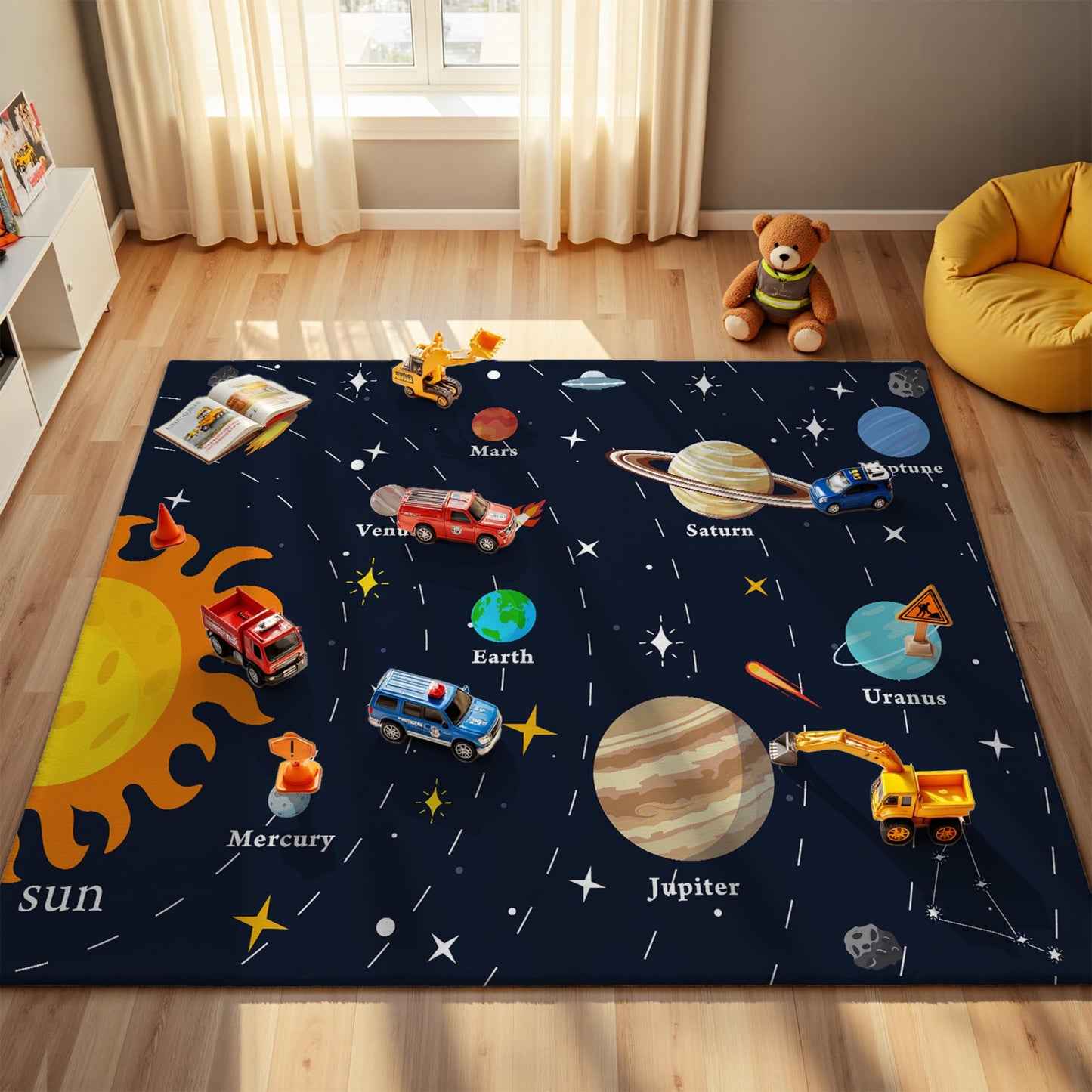 Nayoroom Solar Planets Play Rug - 5x7ft Kids Carpet with Solar Planets Words Design, Non-Slip Faux Wool Educational Rug for Kids, Bedroom Playroom Gift.