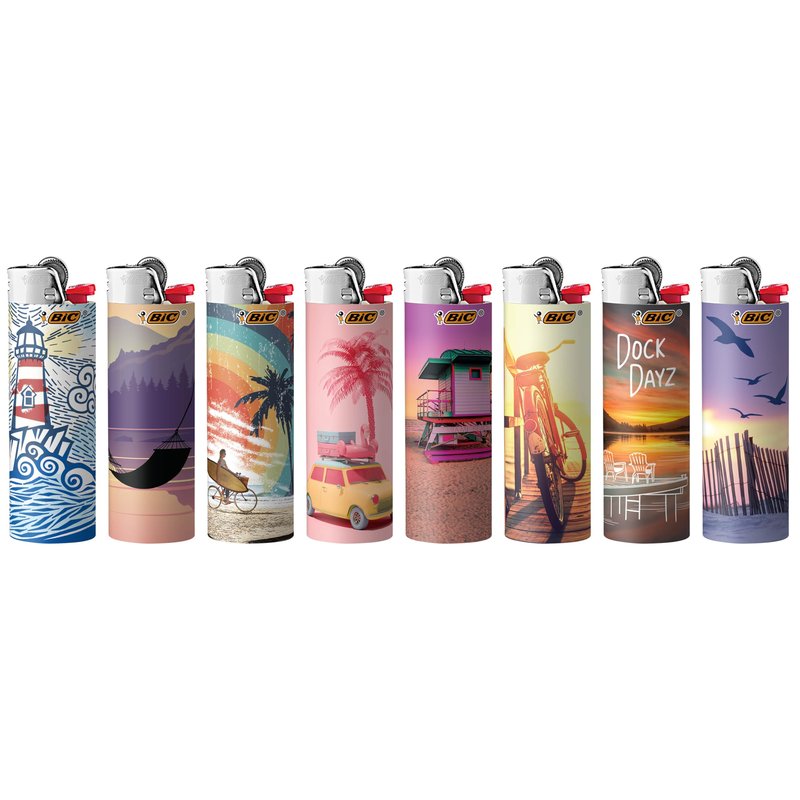 BIC Maxi Pocket Lighter, Special Edition Vacation Collection, Assorted Unique Lighter Designs, 8 Count Pack of Lighters