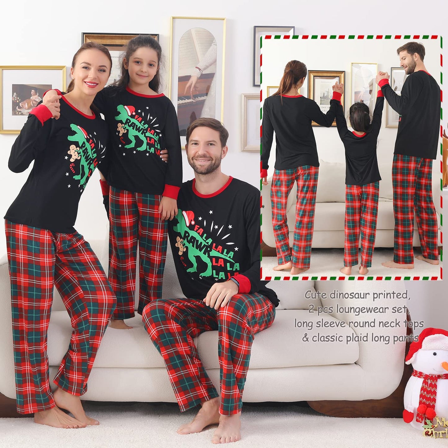 ANGELGGH Matching Christmas Pajamas for Family, Cute Vacation PJs Sets for Couples/Women/Men, Xmas 2 Piece Jammies Sleepwear (Youth, 2-3T, Black Dinosaur)