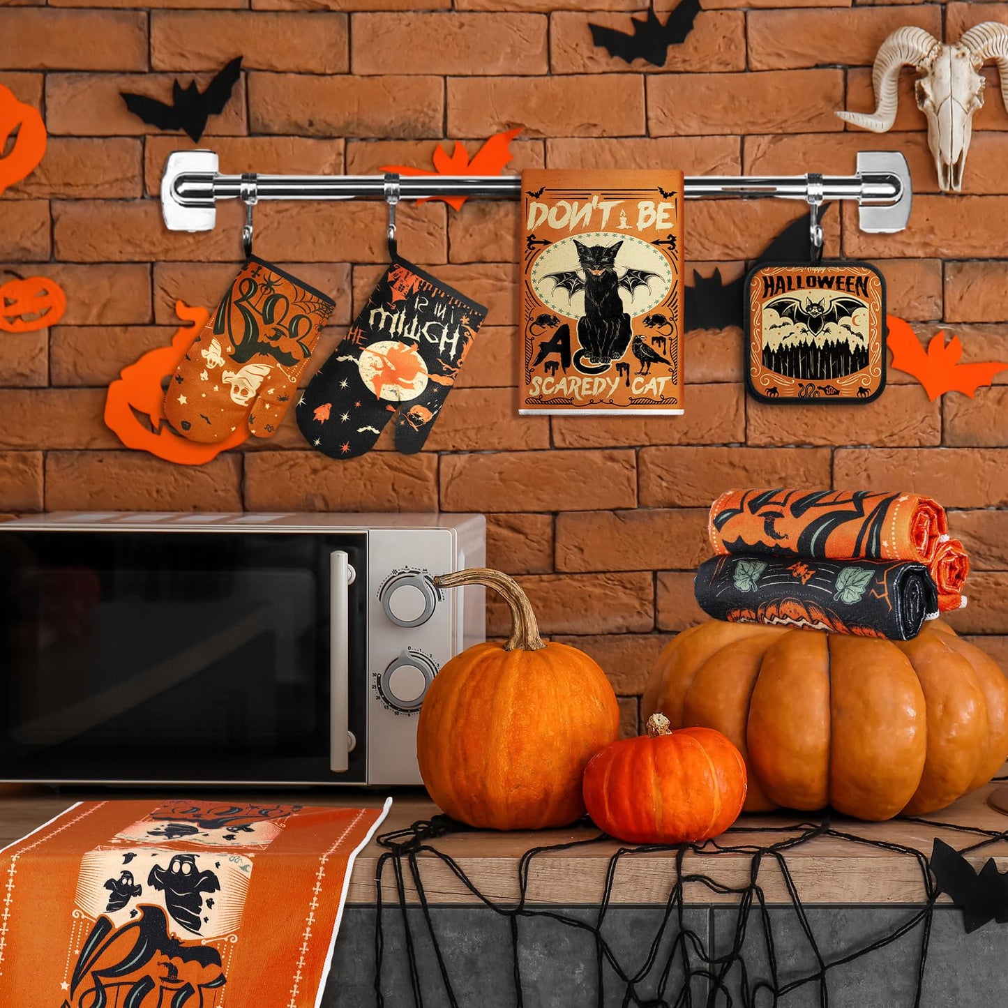 SiliFine 12 Pcs Halloween Kitchen Towels Pot Holders and Oven Mitts Set 4 Ghost Dish Towels 4 Gothic Witchy Oven Mitts 4 Spooky Pumpkin Pot Holders for Halloween Home Cooking Dish Baking Decorative