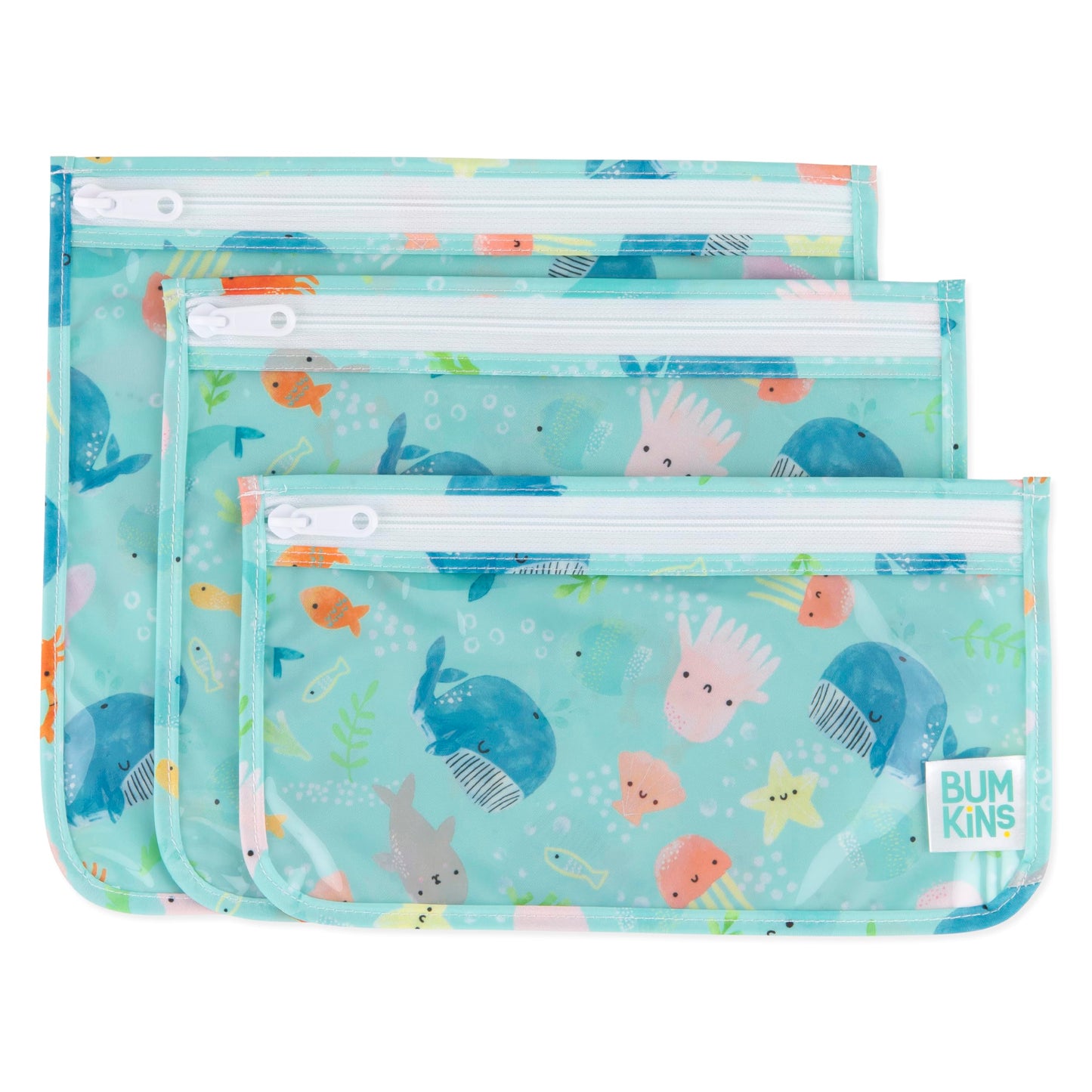 Bumkins TSA Approved Toiletry Bag, Travel Bag, Quart Zip Pouch, Clear Sided, PVC-Free, Vinyl-Free, Set of 3 – Ocean Life