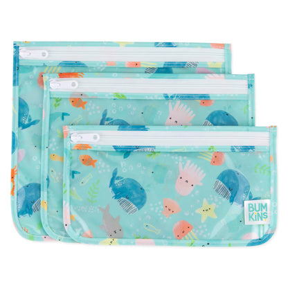 Bumkins TSA Approved Toiletry Bag, Travel Bag, Quart Zip Pouch, Clear Sided, PVC-Free, Vinyl-Free, Set of 3 – Ocean Life