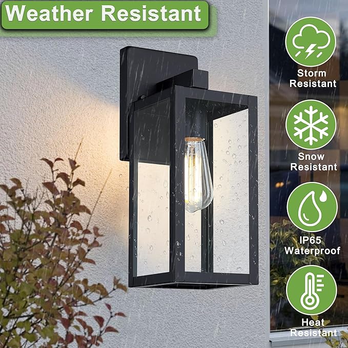 GRUENLICH Waterproof Large Outdoor Wall Lanterns, Modern Black Porch Sconces with Clear Glass Shade, E26 Socket Max 60W, IP65 Rated, Metal Frame, for Patio, Front Door, Entryway, 1-Pack