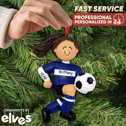 3D Girl Soccer Ornaments for Christmas Tree - Personalized Soccer Ornament 2025 Personalized Christmas Ornaments for Kids Gifts for Girls Custom Name & Year Brunette Player with Blue Jersey Keepsake