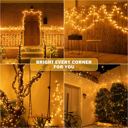 Ollny 20m 200 LED Outdoor Fairy Lights Mains Powered, Warm White Waterproof String Light with Plug/Remote/Modes/Timer, Bright Lighting Outside Indoor Garden Party Wedding Decorations
