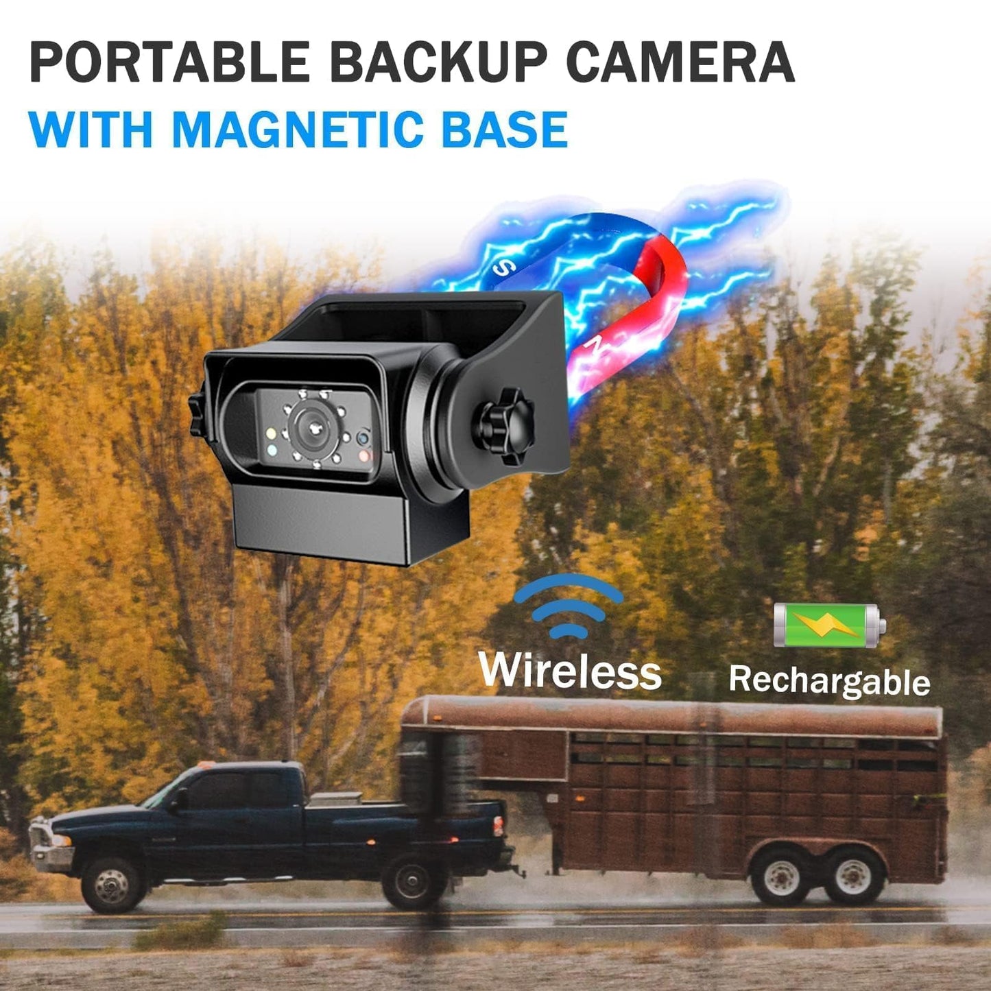 EWAY WiFi Magnetic Hitch Wireless Backup Rear/Front View Camera Rechargeable Battery for Easy Hitching of Gooseneck Horse Boat Travel Trailer/Fifth Wheels/RV/Camper Reverse for iPhone iPad Android