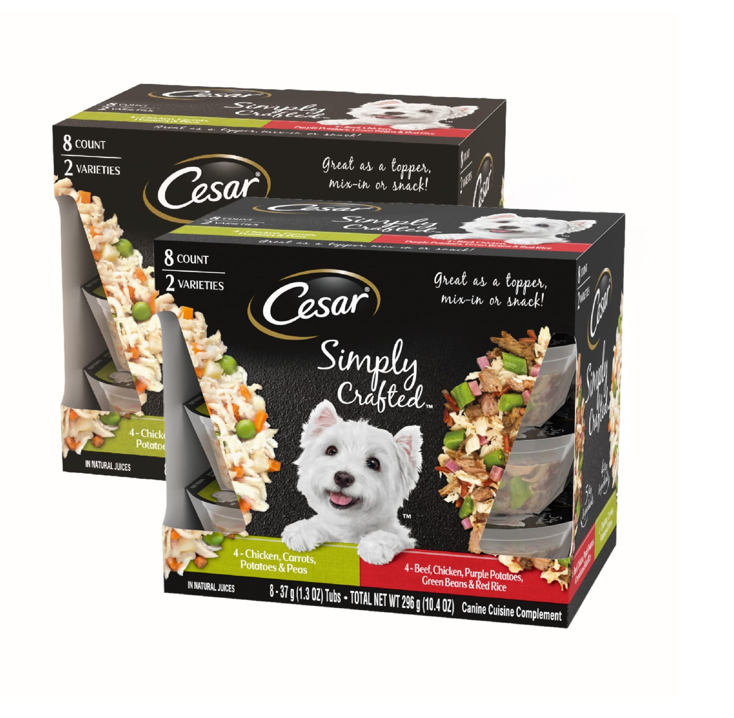 Cesar Simply Crafted Adult Wet Dog Food Meal Topper, Chicken, Carrots, Potatoes & Peas and Beef, Chicken, Purple Potatoes, Green Beans & Red Rice Variety Pack, 1.3oz. (8 Count, Pack of 2)