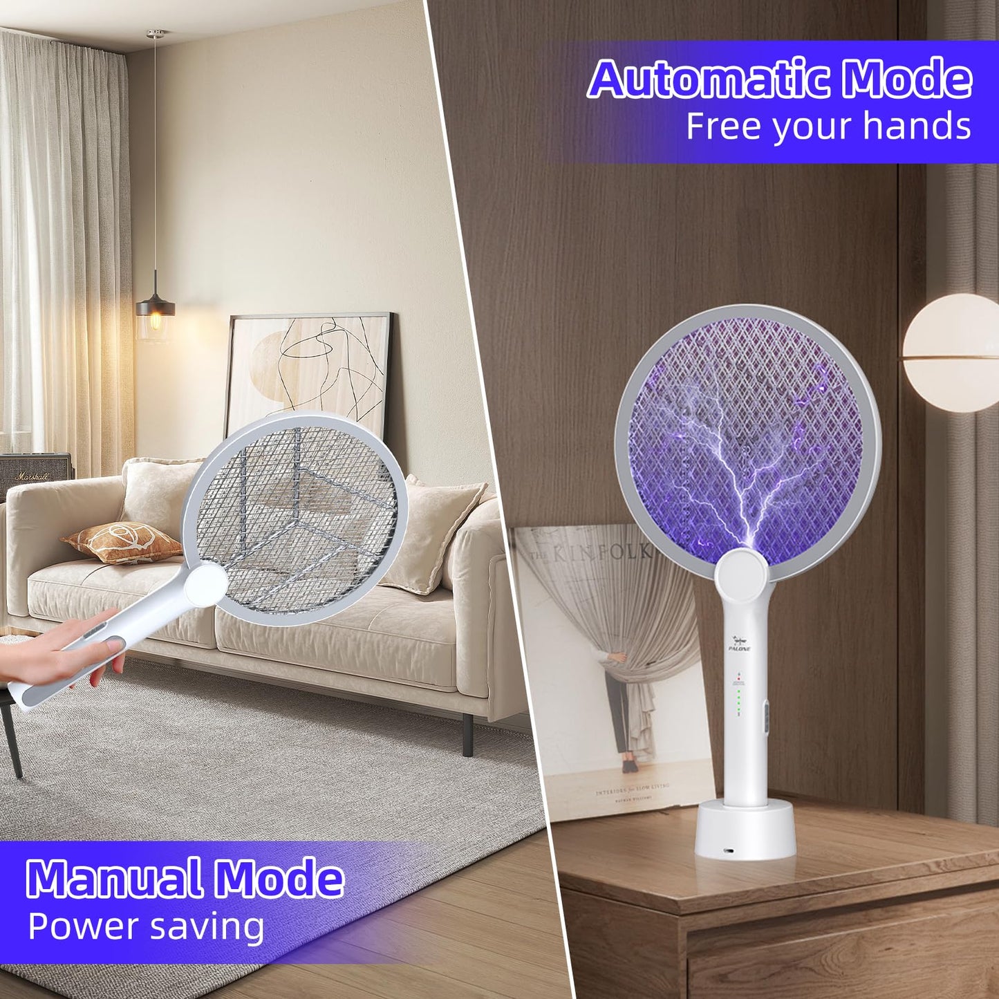 Electric Fly Swatter, 4000V Bug Zapper Racket, 2 in 1 Indoor Outdoor Mosquito Killer with 3-Layer Safety Mesh, Fly Zapper Racket with USB Rechargeable Base for Pest Insect Control 2 Pack