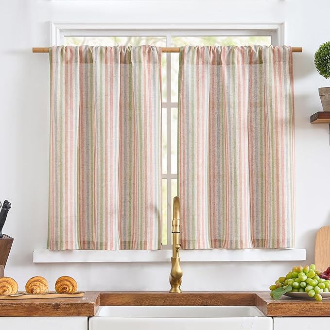 jinchan Striped Linen Kitchen Curtains 36 Inches Christmas Tier Curtains Farmhouse Modern Cafe Style Small Window Treatments Airy Light Filtering Rod Pocket for Living Room Bathroom 2 Panels Candy