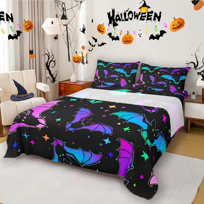 Erosebridal Halloween Bat Bedding Set King Size Glitter Stars Galaxy Bed Sheet Set for Kids Child, Cartoon Gothic Bats Fitted Sheet Halloween Decorations Teal Blue Green Purple