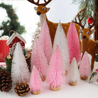 Desktop Miniature Pine Tree Tabletop Christmas Tree Small Pine Tree Decor Christmas Tree Toppers (Light Pink White Pink)