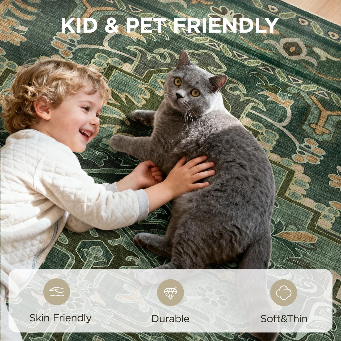 Joydeco Area Rugs 6'x9' Washable Non-Slip, Floral Vintage Distress Medallion Carpet for Living Room Bedroom Dining Room, Green&Beige&Dark Gray