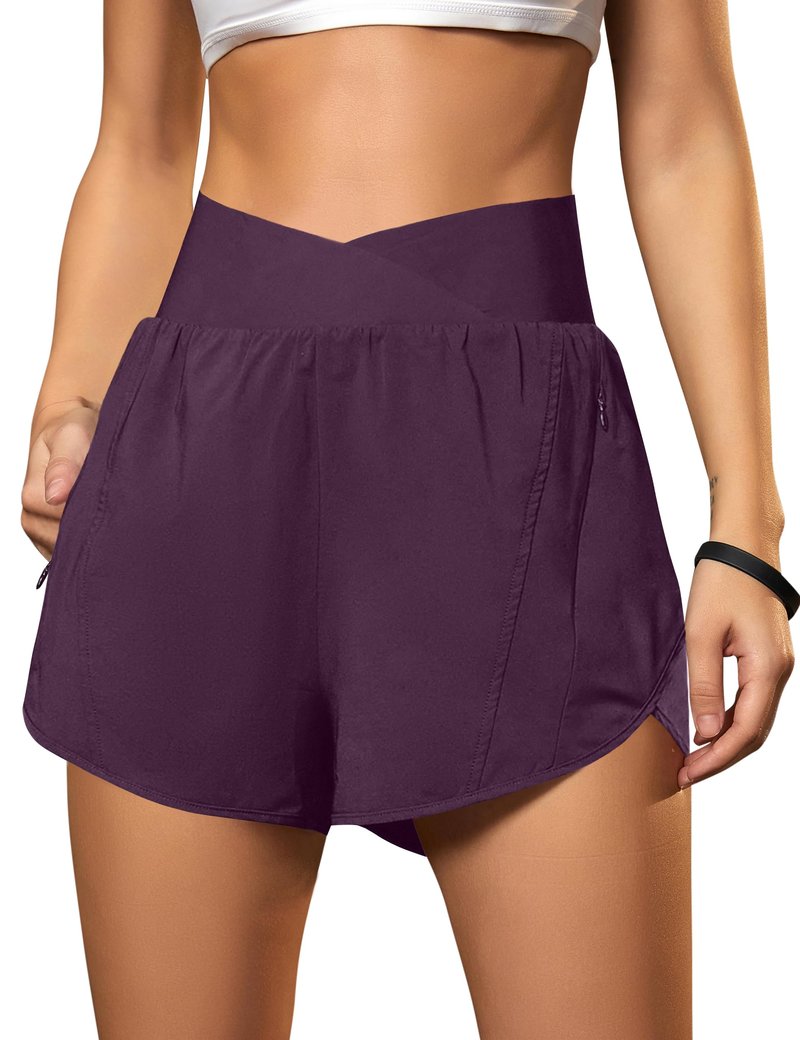 Blooming Jelly Women's Workout Shorts Athletic Running Cross V Cut Waist Work Out Preppy Shorts with Zipper Pockets (Purple,X-Large)