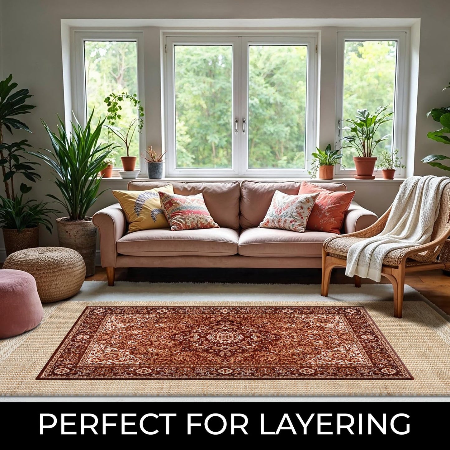 RUSVILLA 6' x 9' Jute & Wool Mini Check Area Rug with 4-Inch Border | Handwoven, Pile - 0.6"| Living Room, Dining & Bedroom Rug, Neutral Indoor Natural Farmhouse Décor (6' x 9')