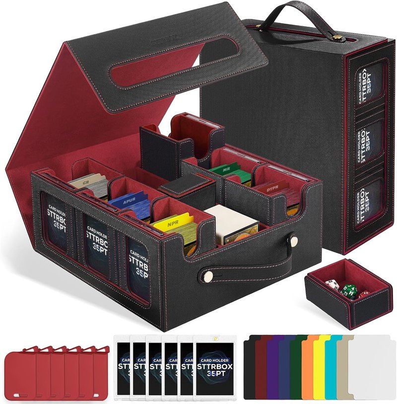 Commander Deck Box - 7-in-1 Trading Card Storage with Handle, 6 Toploaders & Colorful Dividers | Black & Red